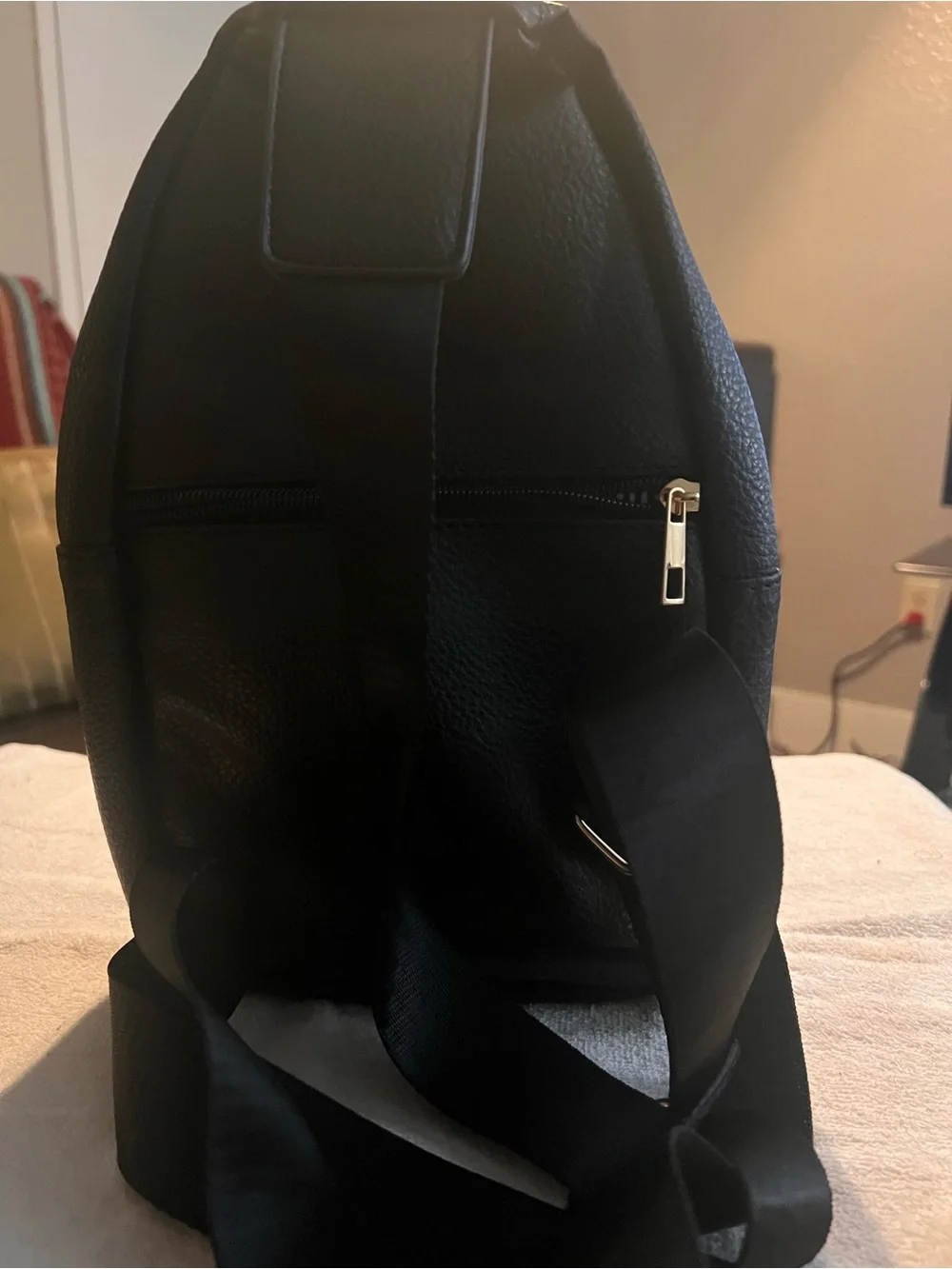 Black Mini Backpack with Red & Green Stripe and Gold Bee Accent